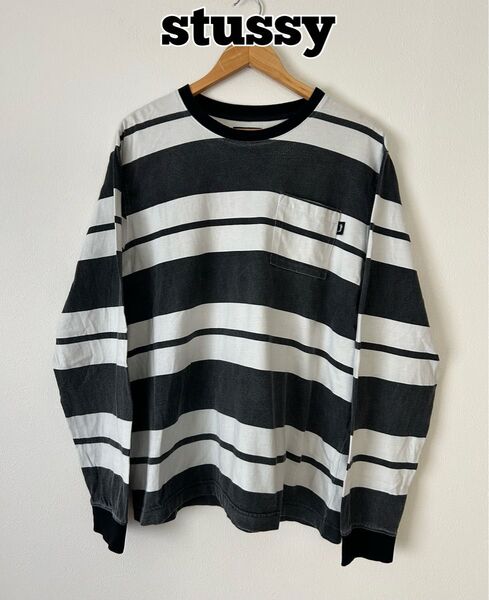 stussy ステューシー ボーダー ロンT 長袖Tシャツ 長袖 カットソー 太ピッチ 黒白 3トーン