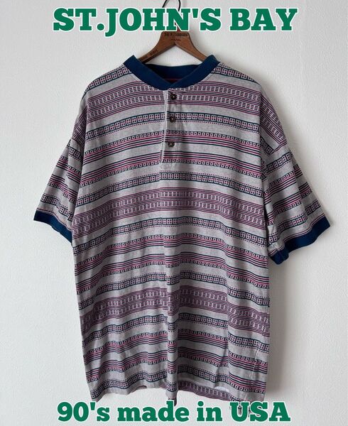 ST.JOHN'S BAY セントジョンズベイ Tシャツ リンガーT ヘンリーネック 90's 古着 USA製 総柄Tシャツ