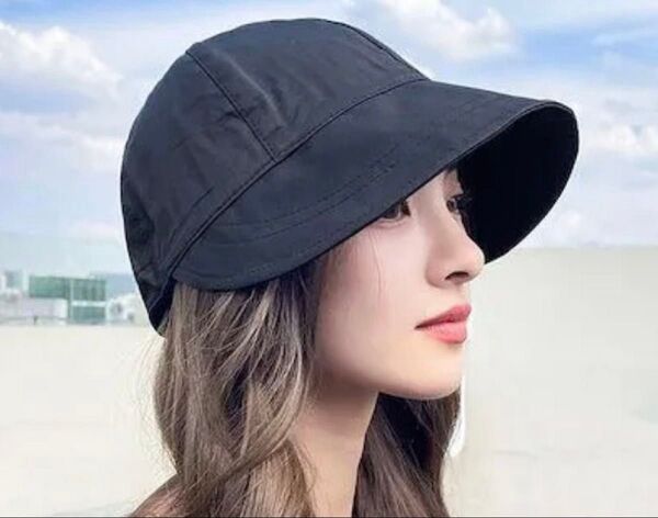 日よけ帽子 レディース キャスケット帽子 紫外線対策UVカット日焼け防止 頭囲調整可 折り畳み収納可 ブラック黒