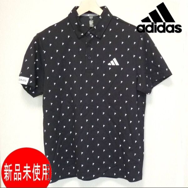 定価9900円新品(L)アディタス ゴルフ GOLF 黒総柄モノグラム 半袖 メンズポロシャツ/adidas ピケ素材