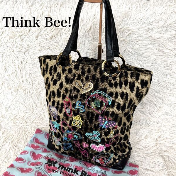 【美品】Think Bee! シンクビー! トートバッグレオパード ペレポンド ジャストハート ビーズ 豹柄 レザー