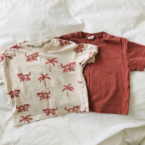 H&M エイチアンドエム ベビー Tシャツ ライオン チーター 2枚セット ブラウン 赤茶 ・ ベージュ サイズ80