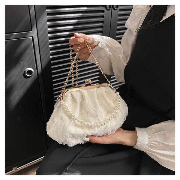 【結婚式、パーティー】シフォン パール ショルダー クラッチ 上品 韓国 ハンドバッグ がま口 お呼ばれ 白 韓国ファッション