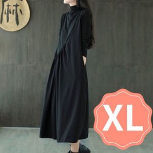 ロングワンピース アシンメトリー Aライン 体型カバー 春 マタニティ 韓国 ゆったり 長袖 ブラック モノトーン 着痩せ 黒