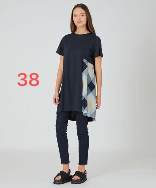 美品◆ブルーレーベルクレストブリッジ サイロコンパクトポンチTシャツ ワンピース チュニック 38 ネイビー 切り替えチェック