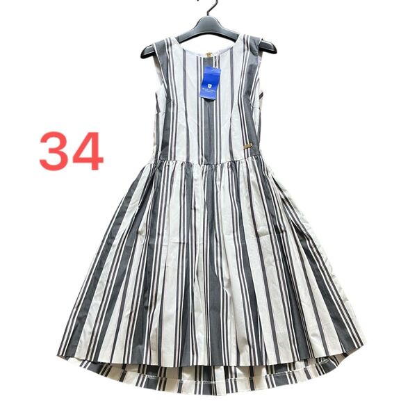 新品 未使用 タグ付き◆ブルーレーベルクレストブリッジ ストライプ ノースリーブワンピース ロゴプレート 34 XS 春夏 ひざ丈