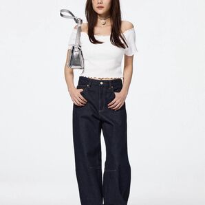 人気 未使用 GU バレルレッグジーンズ ネイビー 標準丈 M