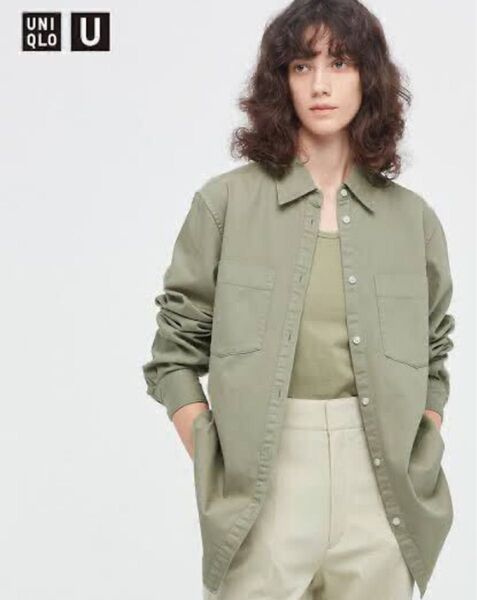 新品 UNIQLO ユニクロユー Sサイズ レディース ダブルポケット オーバーサイズシャツ 長袖 グリーン カーキ