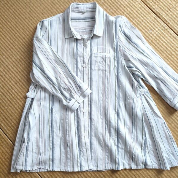 〈美品〉レディースストライプ 七分袖シャツ М 綿100% コットンシャツ レディースシャツ ストライプブラウス トップス 白