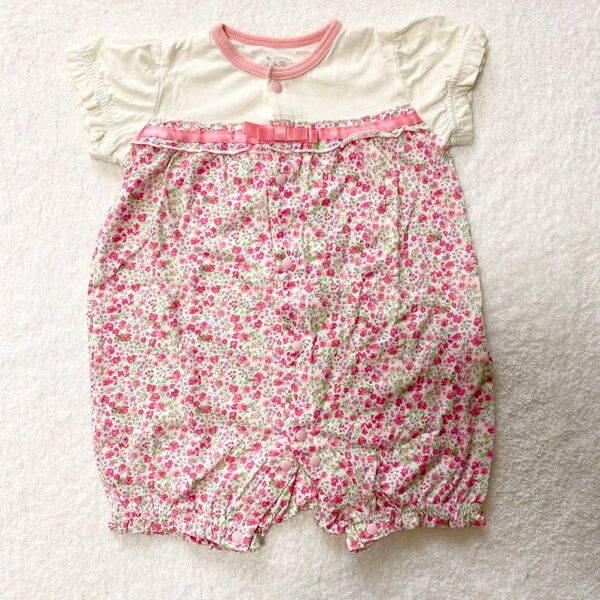花柄リボンロンパース 半袖 60-70サイズ ロンパース ピンク ベビー服 女の子 半袖