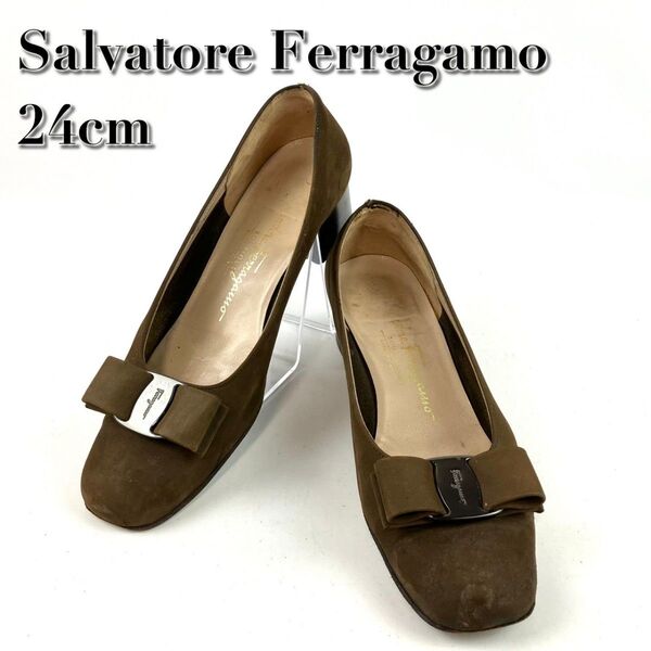Ferragamo フェラガモ パンプス ヴァラ リボン スエード ラウンドトゥ ブラウン 24cm