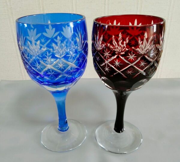 切子 ペアグラス ワイングラス 赤 青 2個セット レッド ブルー カットグラス 酒器 アルコール グラス