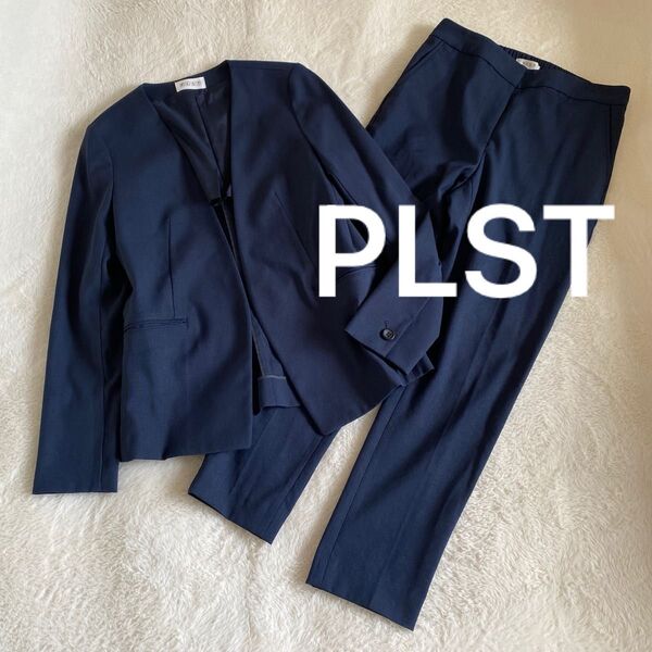 PLST リネンブレンド ノーカラージャケット セットアップ ネイビー パンツ