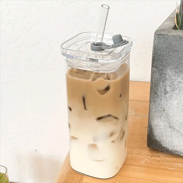 380ml スクエア ガラス 水 カップ タンブラー クリア シンプル お洒落 カフェ ラテ テイクアウト865843