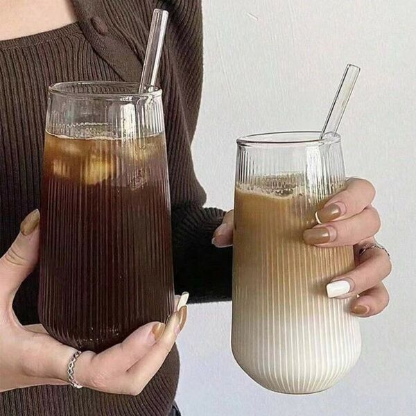 ヴィンテージ ストライプ 高耐熱 ガラスカップ 500ml 縦縞デザイン 透明 コーヒーカップ お洒落 グラス248069