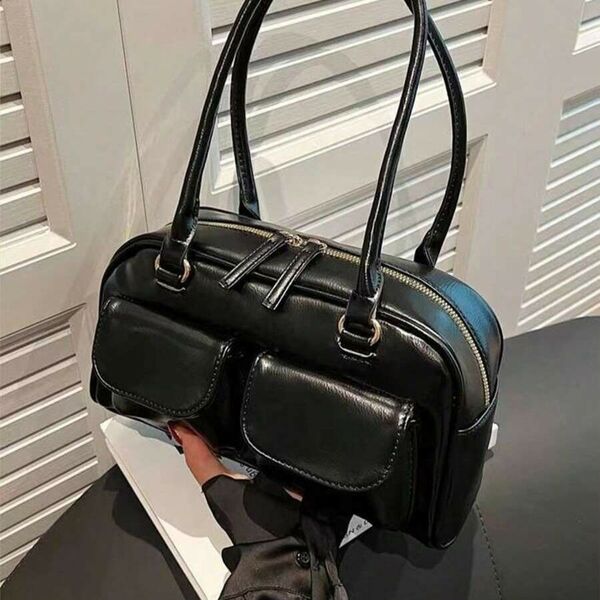 大容量 シンプル PU トートバッグ 多ポケット ショルダーストラップ付き レディース ブラック 黒349825