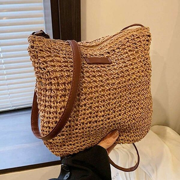 ショルダーバッグ サマーラタンストローバッグ ボヘミアスタイル 夏 シンプル 編み込み ブラウン305769
