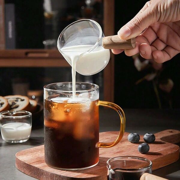 透明 耐熱ガラス 木製ハンドル付き ミニガラス ミルクカップ(50ml / 120ml)お洒落 シンプル234364