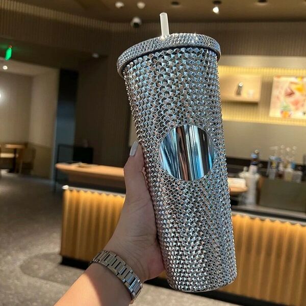 720ml グラデーション 大容量 ダブルレイヤー プラスチックストロー付き タンブラー スタッズ シルバー98058