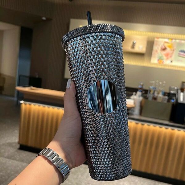 720ml グラデーション 大容量 ダブルレイヤー プラスチックストロー付き タンブラー スタッズ グレー558739