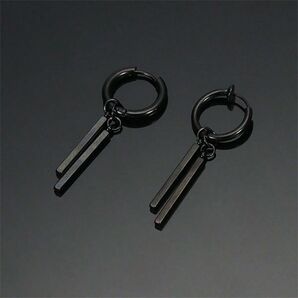 ユニーク 個性的 メンズ ダブルロッド 長方形 イヤーカフ ドロップタイプ ブラック 黒527441
