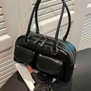 大容量 シンプル PU トートバッグ 多ポケット ショルダーストラップ付き レディース ブラック 黒716811