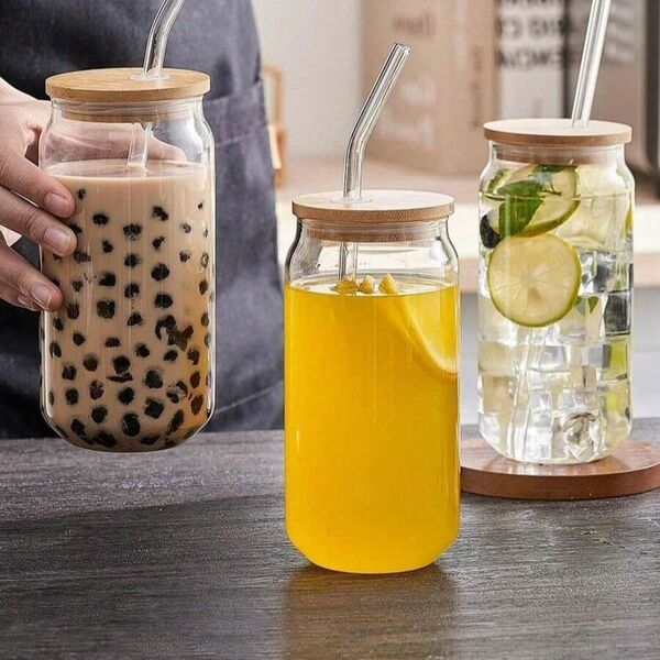 韓国風 クリア ガラスウォーターカップ(蓋&ストロー付き)550ml 硝子 お洒落 グラス281196