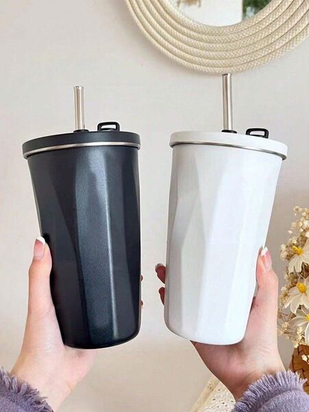 600ml ステンレススチール ストローカップ 真空断熱 ポータブル コーヒーカップ ホワイト11750