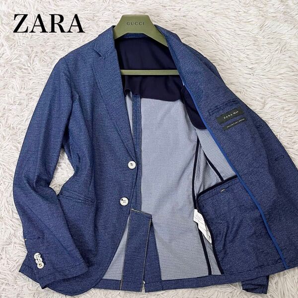 【美品】ザラ ZARA メンズ トラベルジャケット イージーストレッチ デニム調 2B 背抜き 伸縮性 ブローチ ブルー M