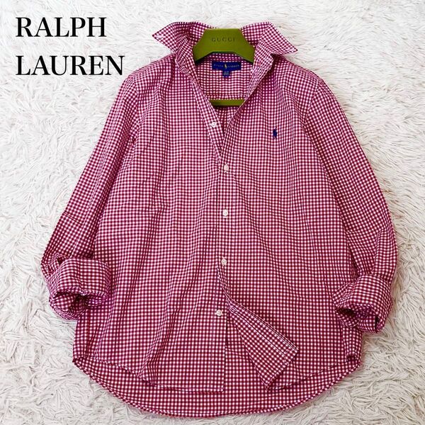 【美品】ラルフローレン RALPH LAUREN レディース 長袖シャツ ギンガムチェック ボタン 刺繍 ワンポイント 赤 XL