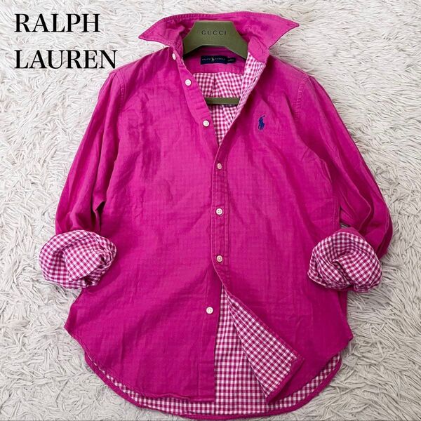 【美品】ラルフローレン RALPH LAUREN レディース 長袖シャツ 裏地ギンガムチェック 刺繍 ピンク M〜L相当