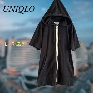 UNIQLO ユニクロ ORIGINAL WASH パーカー ユニセックス フルジップ 半袖 ポケット2つ L 黒 ジップアップ