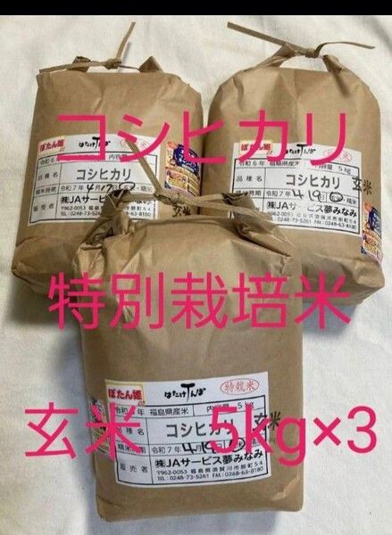 福島県産 特別栽培米 コシヒカリ 玄米 15kg(5kg×3) 令和6年産