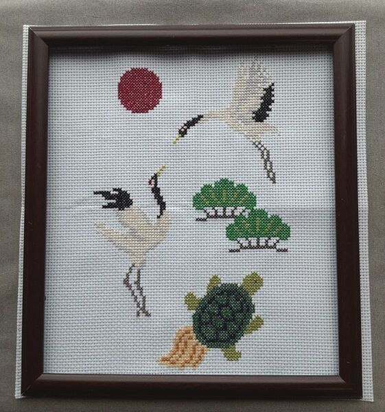 ハンドメイド クロスステッチ刺繍完成品『鶴亀』