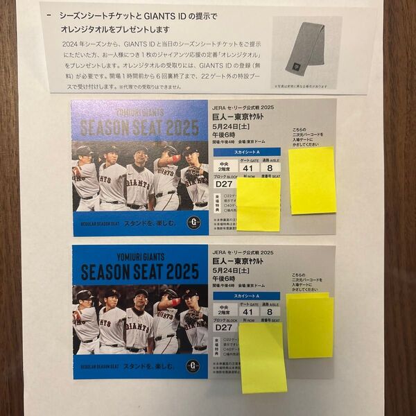 5月24日東京ドーム 巨人vsヤクルト 18時開始 シーズンシート2枚セット