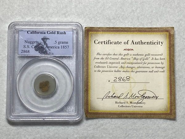 1857年 カルフォルニアゴールドラッシュ 金塊0.5g SSセントラル・アメリカ号 回収品 PCGSスラブ入り、保証書付!