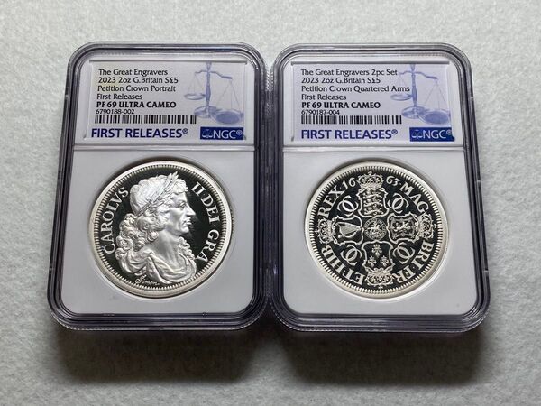 準最高鑑定セット!2023年 英国 5ポンドプルーフ銀貨 偉大な彫刻家シリーズ『ペティションクラウン:肖像&紋章』PF69UCFR