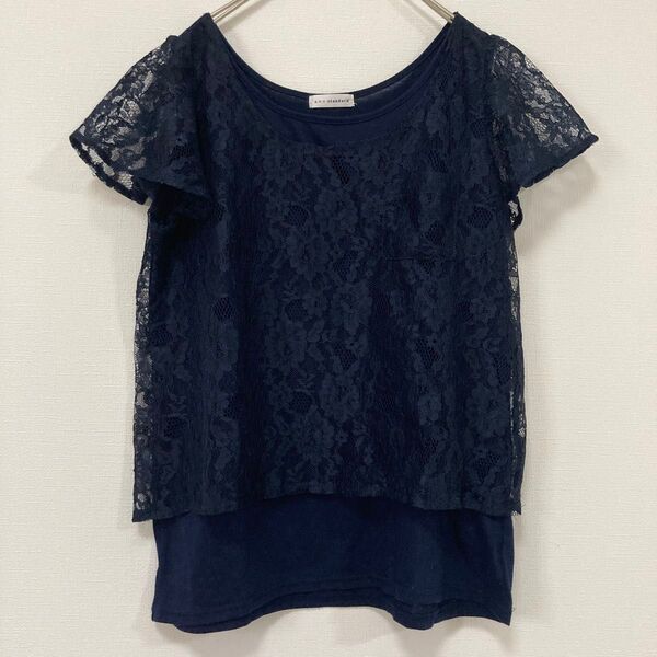アーヴェヴェ a.v.v standard カットソー レース 半袖 ネイビー L 夏 チュニック 花柄レース