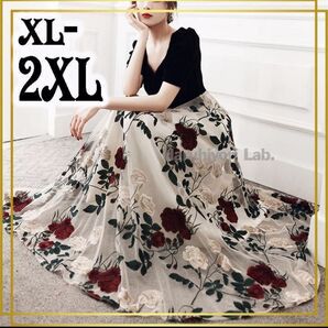 ♪新品♪ドレス 発表会 結婚式 演奏会 パーティ ロングドレス 刺 花柄 ブラック レース チュール ブラック 大きいサイズ