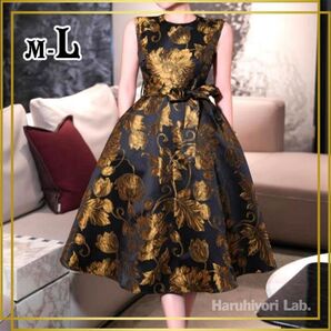 ♪新品♪ドレス ワンピース 花柄 結婚式 フォーマル ミディ丈 ゴールド 黒 L カラードレス キャバドレ 発表会