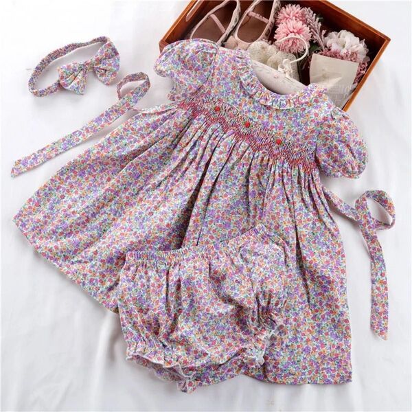 新品 スモッキング ワンピース パンツ付き 髪飾り付き 3点セット 半袖ワンピース 子供服 ピンク 女の子 キッズ ベビー服 70