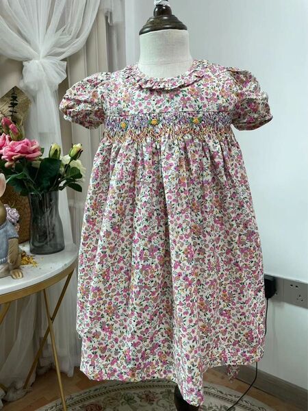 新品 スモッキング ワンピース パンツ付き 髪飾り付き 3点セット 半袖ワンピース 子供服 ピンク 女の子 キッズ 夏服 100