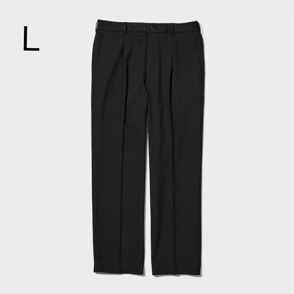美品! UNIQLOタックワイドパンツL黒 ユニクロストレッチワイドスラックス 洗濯機で洗える ワイドストレートパンツ ブラック
