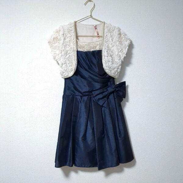 2点セット! ASHILL アンサンブルドレス フラワーレースボレロ+シャンタンワンピース 38ネイビー アシールパーティードレス