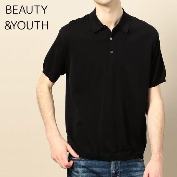 BEAUTY&YOUTH BY スビン綿 ワイドフォルム ニット ポロシャツ黒L ビューティーアンドユース スビンコットン