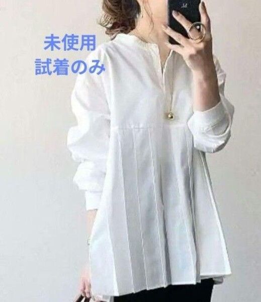 【未使用】ギャザーデザインシャツ プリーツシャツ チュニック 白 ホワイト L