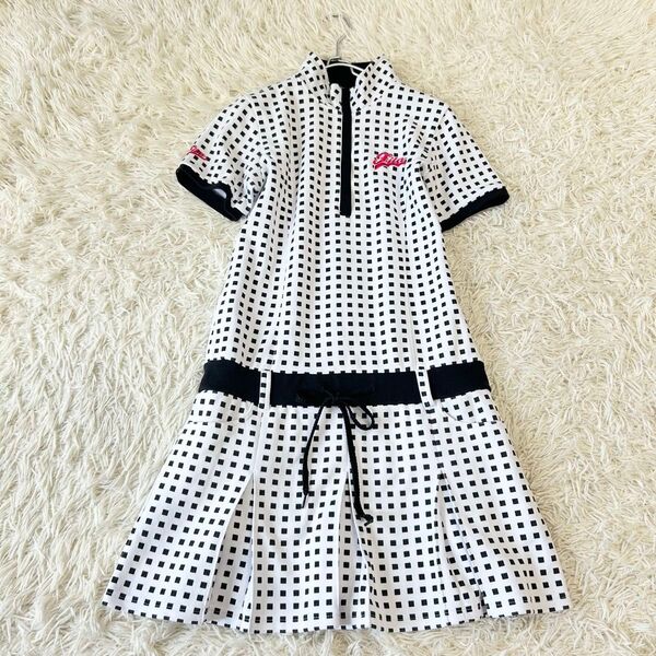フィラゴルフ FILA GOLF ハーフジップ ワンピース ホワイト ブラック プリーツ L ポロシャツ 鹿の子 白 黒 半袖