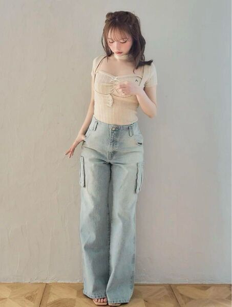 andmary Back ribbon denim cargo pants