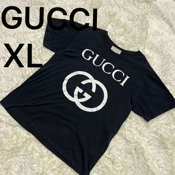【大人気】GUCCI センターロゴ インターロッキング Tシャツ 大人気 半袖 ブラック