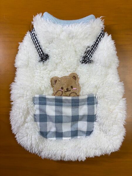 犬服、秋冬 ふわふわ クマ刺繍 チェック柄 ポケット付き 〔S〕